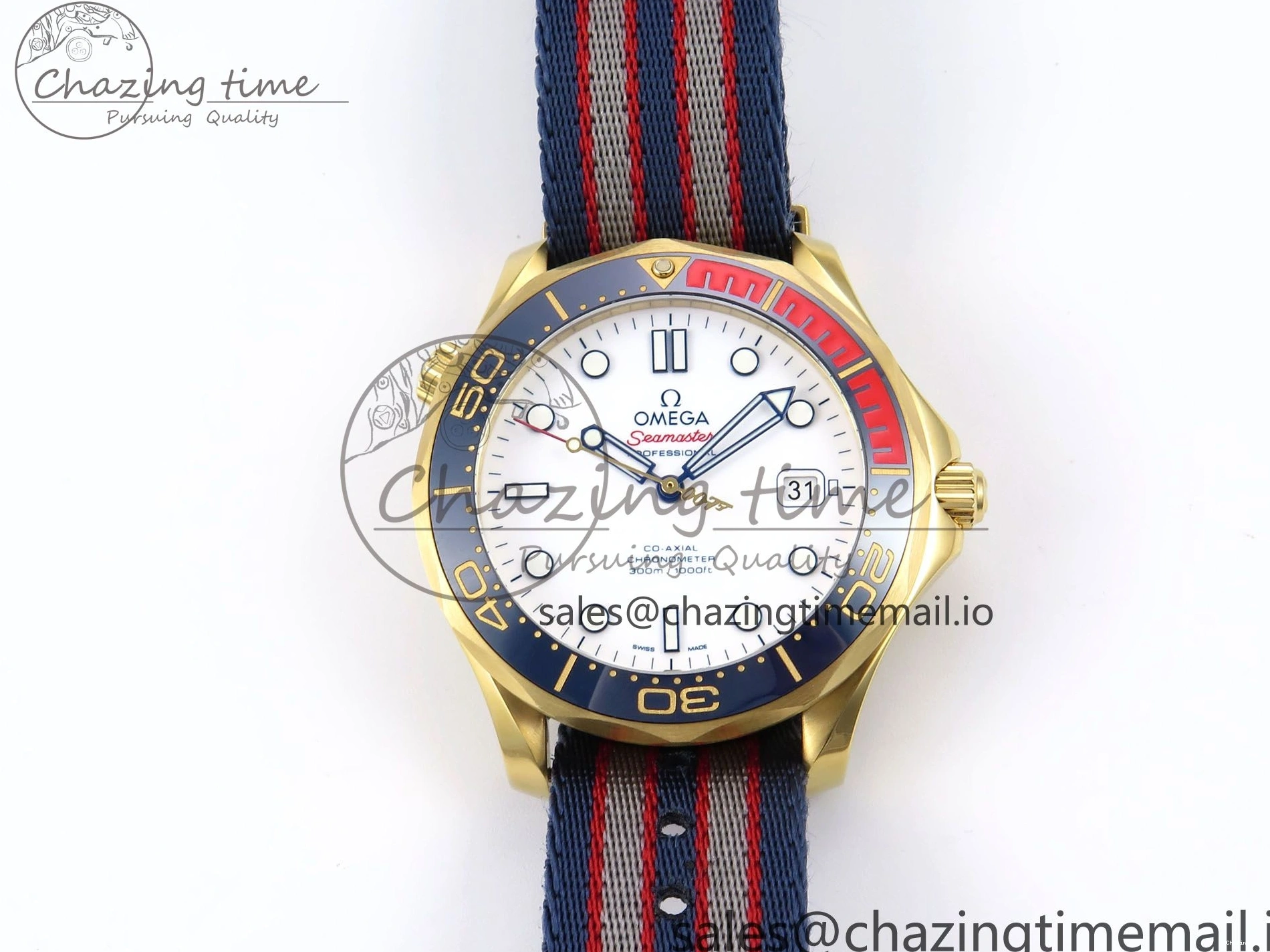 0408 Seamaster 300m Diver YG OMF 1:1 Best Edition Blue Orange Ceramic White Dial on Blue Nato Strap A Colorful 7704